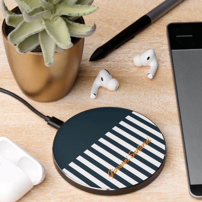 Navy Stripes | The Modern Gentleman's Monogram Wireless Charger (Desk 2)