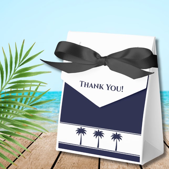 Navy Stripes Tropical Palm Tree Coastal Wedding Favor Boxes (Creator Uploaded)