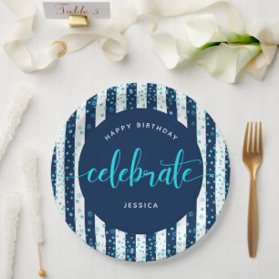Navy stripes turquoise glitter script birthday paper plates