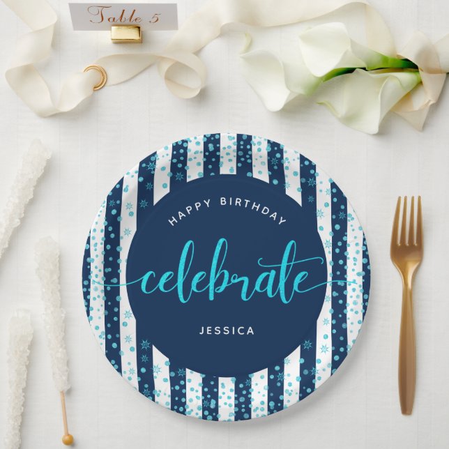 Navy stripes turquoise glitter script birthday paper plates (Wedding)