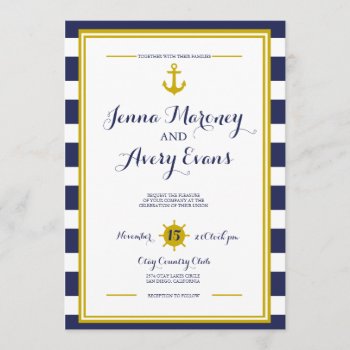 Navy Stripes W/ Anchor Nautical Wedding Invitation by GreenLeafDesigns at Zazzle