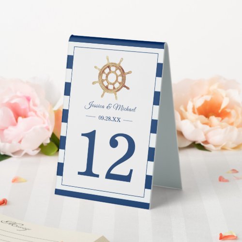 Navy Stripes Watercolor Steering Wheel Nautical Table Tent Sign