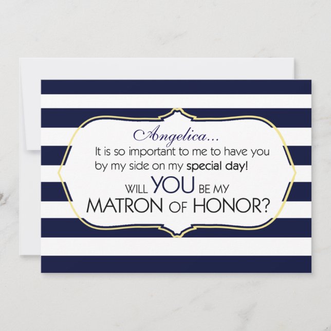 Navy Stripes Will You Be My Matron of Honor Invitation (Front)