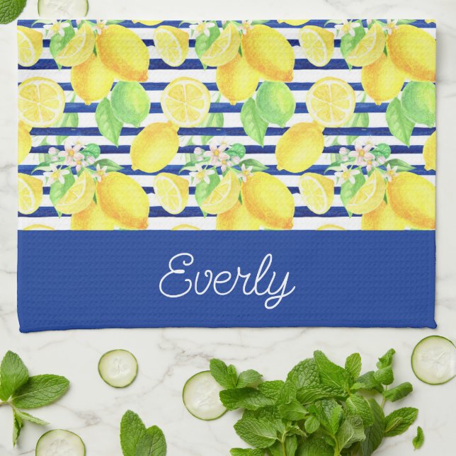 Navy Stripes with Yellow Lemons Pattern Kitchen Towel (Folded)
