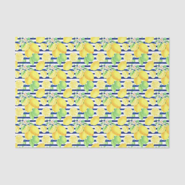Navy Stripes with Yellow Lemons Pattern Tissue Paper (Front)