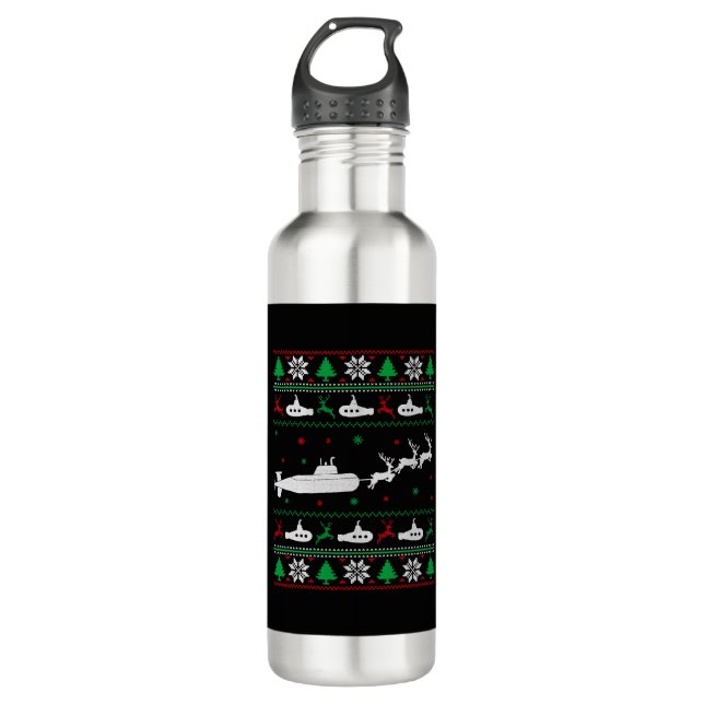 Navy Submarine Submariner Ugly Christmas Sweater Stainless Steel Water Bottle (Front)