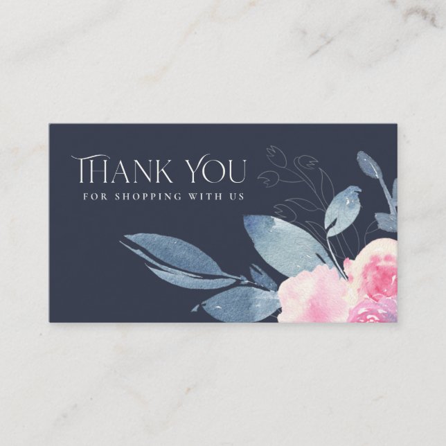 NAVY SUBTLE BLUSH BLUE FLORAL BUSINESS THANK YOU BUSINESS CARD (Front)