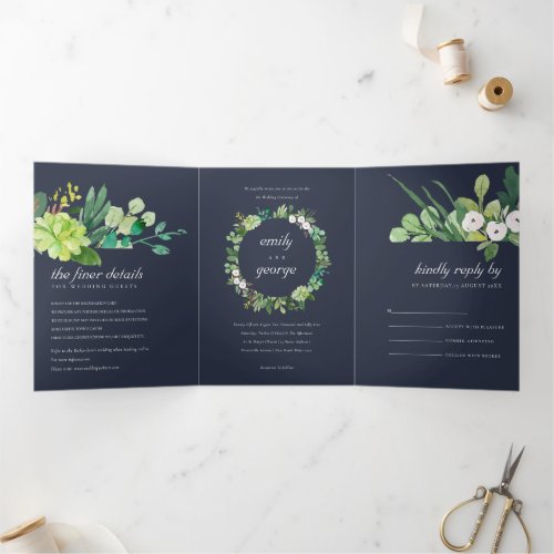 NAVY SUCCULENT WREATH FOLIAGE WATERCOLOR WEDDING Tri_Fold INVITATION