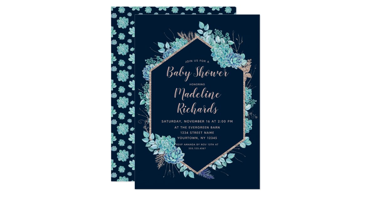 Navy Succulents Rose Gold Baby Shower Invitation Zazzle Com
