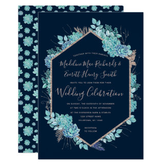 Navy Succulents & Rose Gold Wedding Invitation