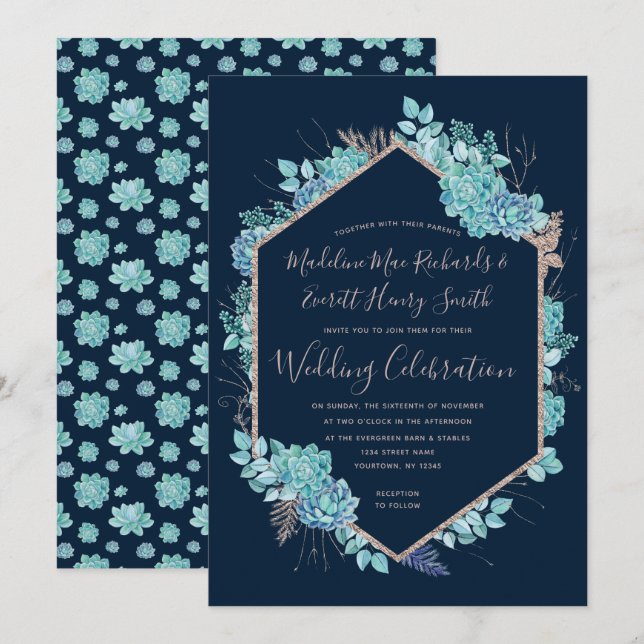 Navy Succulents & Rose Gold Wedding Invitation (Front/Back)