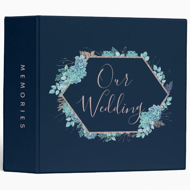 Navy Succulents & Rose Gold Wedding Photo Album 3 Ring Binder (Front/Spine)