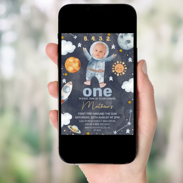 Navy Sun First Trip Around the Sun 1st Birthday  Invitation (Front Digital)