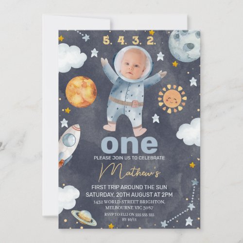 Navy Sun First Trip Around the Sun 1st Birthday  Invitation