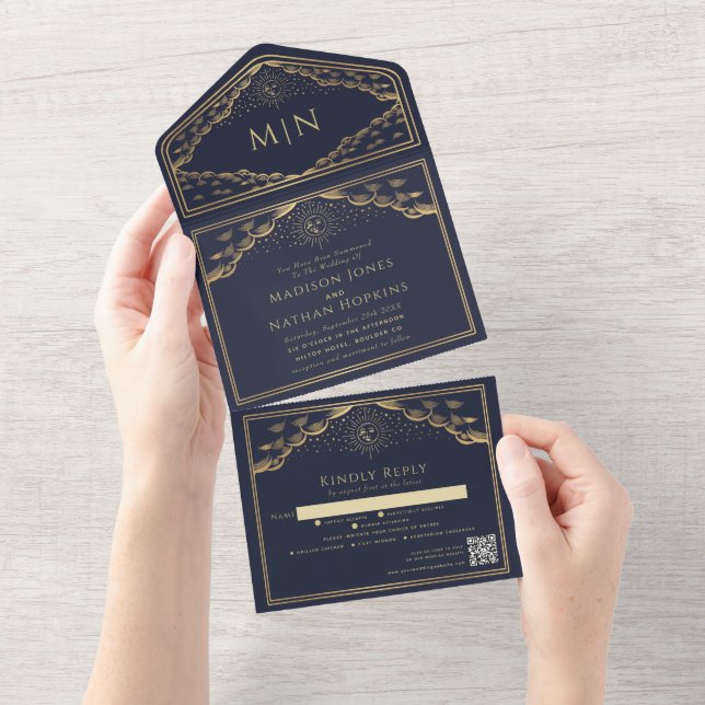 Navy Sun Moon Tarot Card QR Code Wedding Invite (Tearaway)