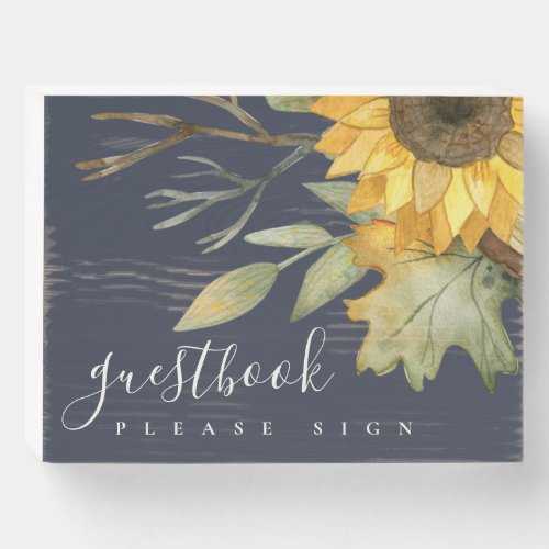 NAVY SUNFLOWER AUTUM WATERCOLOR FLORAL GUESTBOOK WOODEN BOX SIGN