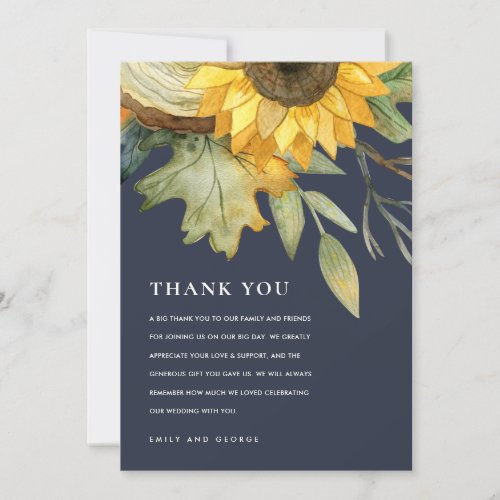 NAVY SUNFLOWER AUTUMN WATERCOLOR FLORAL WEDDING THANK YOU CARD