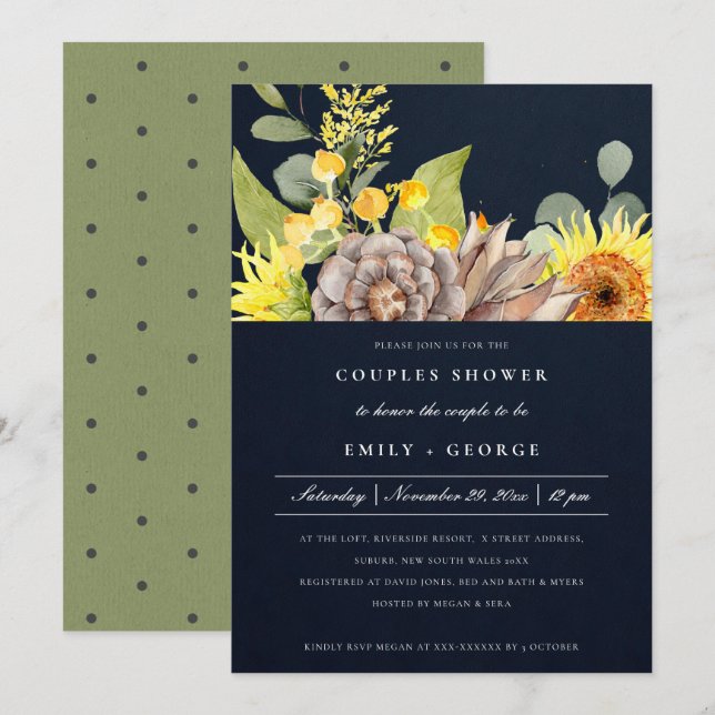 NAVY SUNFLOWER EUCALYPTUS FLORAL COUPLES SHOWER INVITATION (Front/Back)