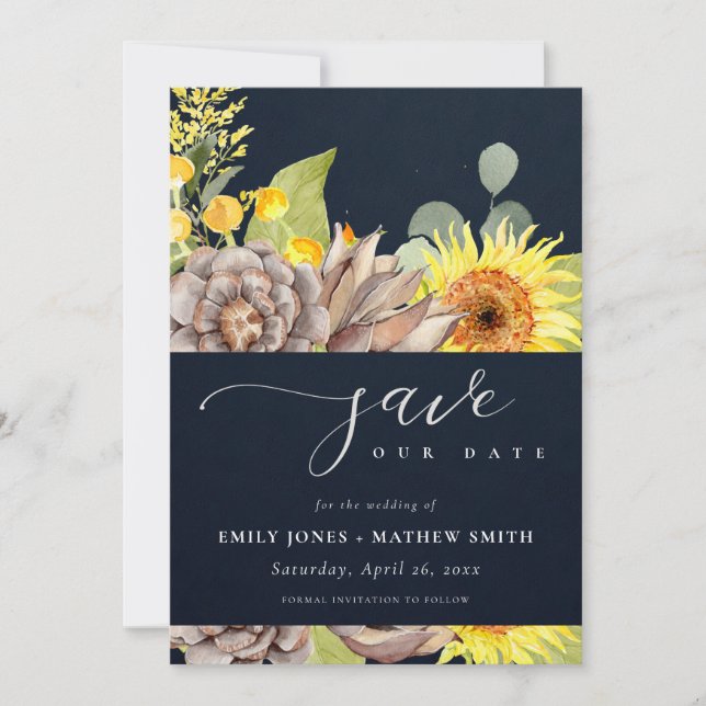 NAVY SUNFLOWER EUCALYPTUS FLORAL SAVE THE DATE INVITATION (Front)