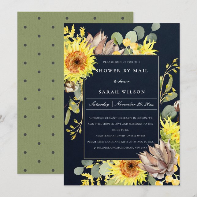 NAVY SUNFLOWER EUCALYPTUS FLORAL SHOWER BY MAIL INVITATION (Front/Back)