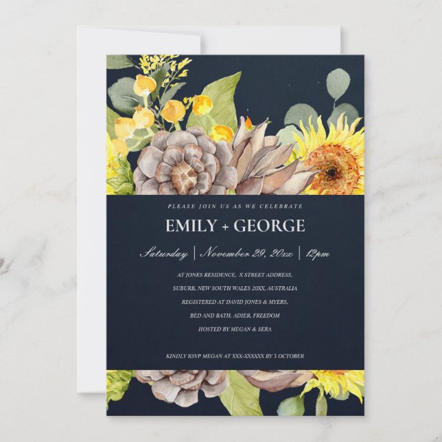 NAVY SUNFLOWER EUCALYPTUS PINE FLORA COUPLE INVITE (Front)