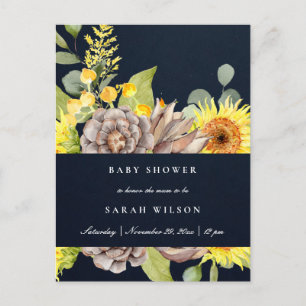 NAVY SUNFLOWER EUCALYPTUS PINE FLORAL BABY SHOWER INVITATION POSTCARD