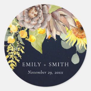 NAVY SUNFLOWER EUCALYPTUS PINE FLORAL WEDDING CLASSIC ROUND STICKER