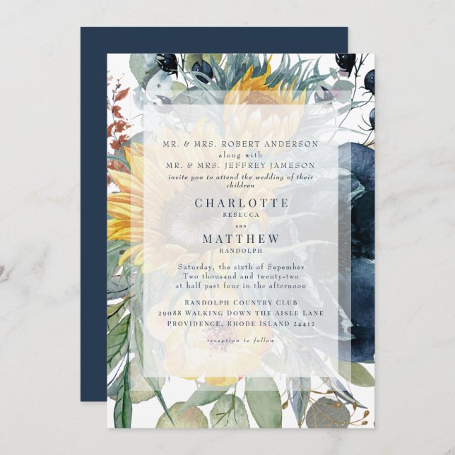 Navy & Sunflower Fall Floral Wedding  Invitation (Front/Back)