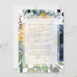 Navy Sunflower Fall Floral White Wedding Invitation