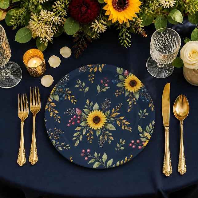 Navy Sunflower Floral Botanical Pattern Paper Plates (Creator Uploaded)