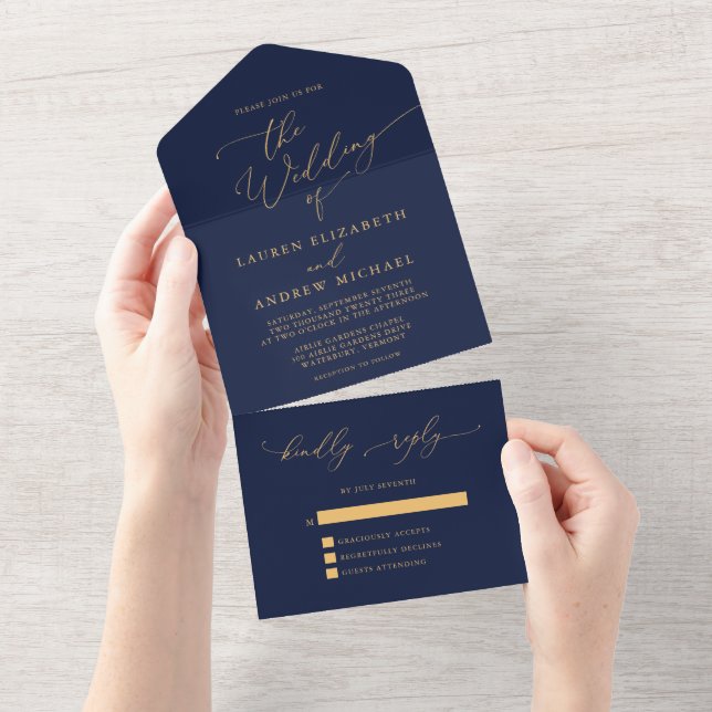 Navy Sunflower Gold Yellow Minimalist Wedding All In One Invitation (Tearaway)