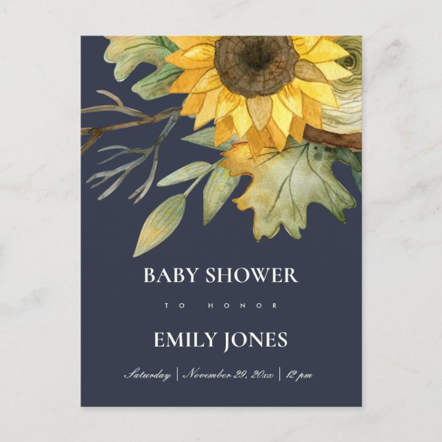 NAVY SUNFLOWER WATERCOLOR FLORAL BABY SHOWER INVITATION POSTCARD (Front)