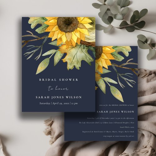 Navy Sunflower Watercolor Floral Bridal Shower Invitation