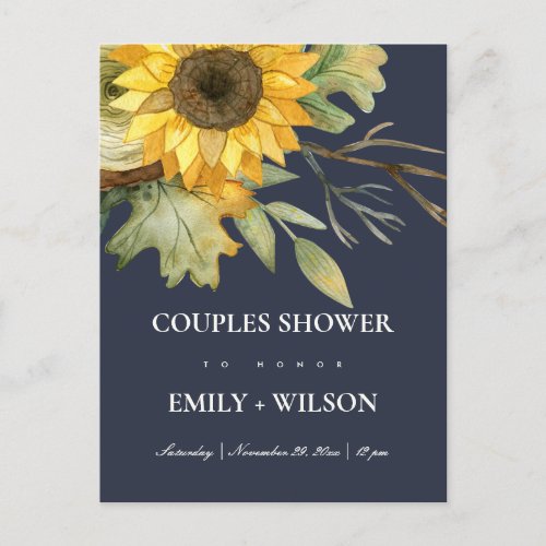 NAVY SUNFLOWER WATERCOLOR FLORAL COUPLES SHOWER INVITATION POSTCARD