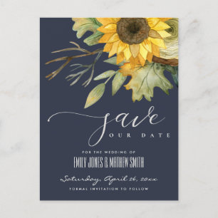 NAVY SUNFLOWER WATERCOLOR FLORAL SAVE THE DATE ANNOUNCEMENT POSTCARD