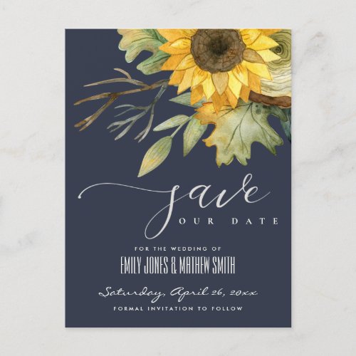 NAVY SUNFLOWER WATERCOLOR FLORAL SAVE THE DATE ANNOUNCEMENT POSTCARD