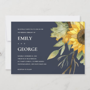 NAVY SUNFLOWER WATERCOLOR FLORAL WEDDING INVITE