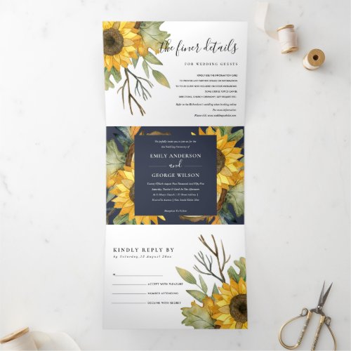 NAVY SUNFLOWER WATERCOLOR FLORAL WEDDING INVITE