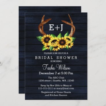 Navy Sunflowers Antlers Country Chic Bridal Shower Invitation