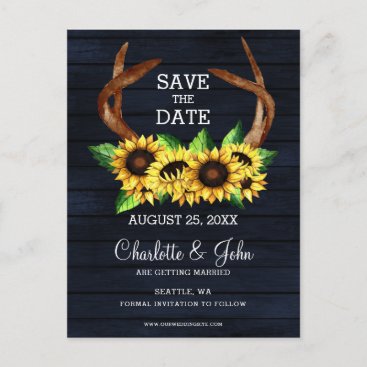 Navy sunflowers antlers country chic wedding announcement postcard