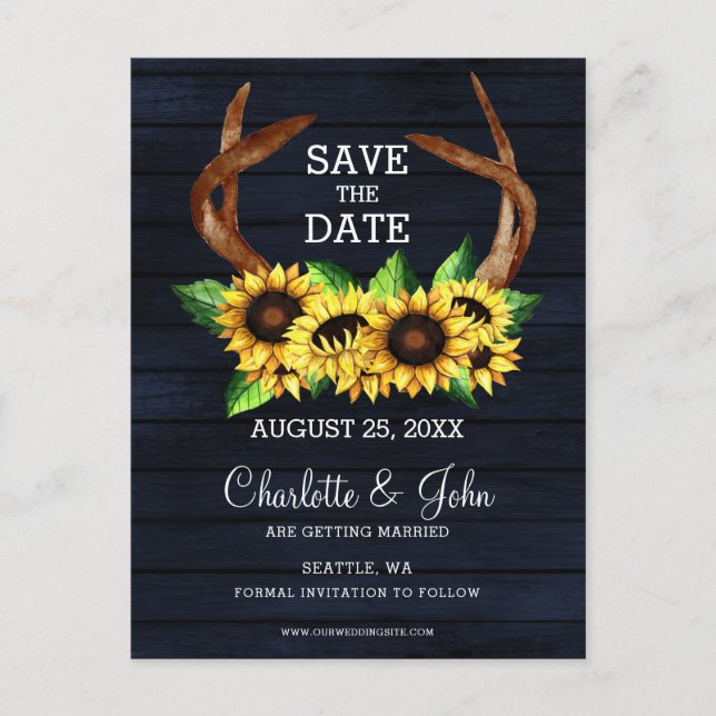 Navy sunflowers antlers country chic wedding announcement postcard (Front)