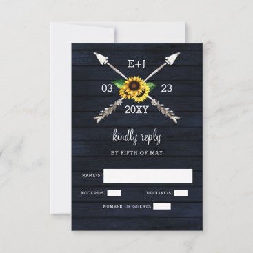 Navy Sunflowers  Barn wood country chic wedding RSVP Card