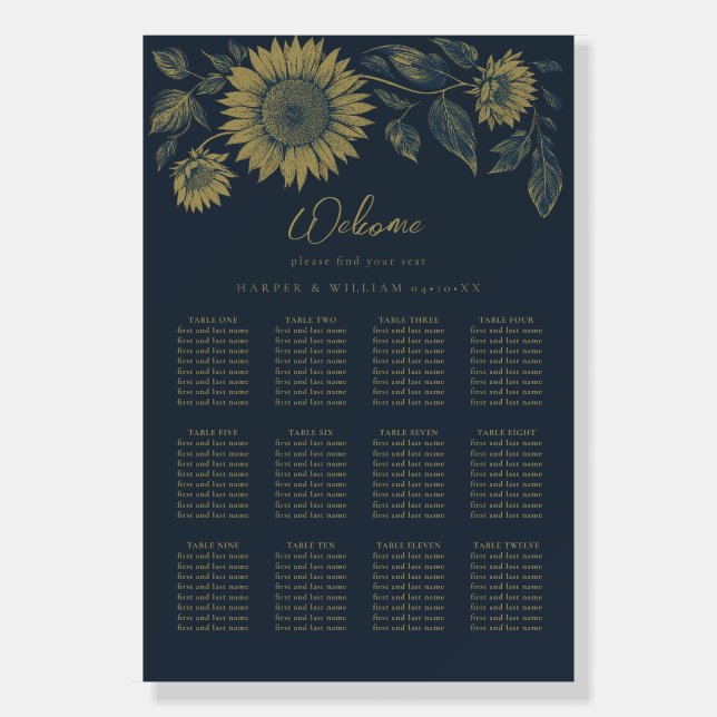 Navy sunflowers welcome wedding seating chart foam board (Front)