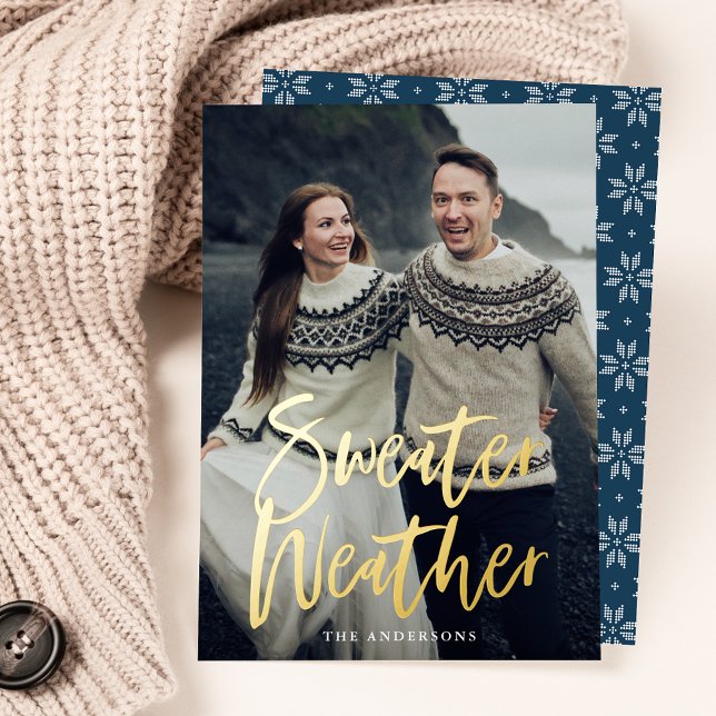 Navy Sweater Weather Photo Foil Holiday Card (Creator Uploaded)