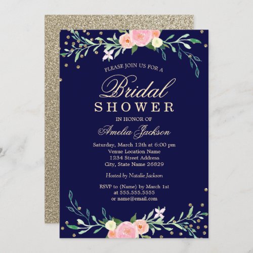 Navy Sweet Floral Sparkle Confetti Bridal Shower Invitation