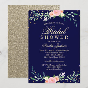 Navy Sweet Floral Sparkle Confetti Bridal Shower Invitation