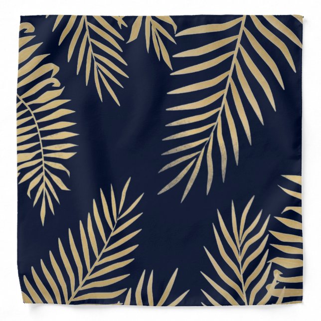 Navy Tan Gold Palm Leaves Pocket Square Bandana (Front)