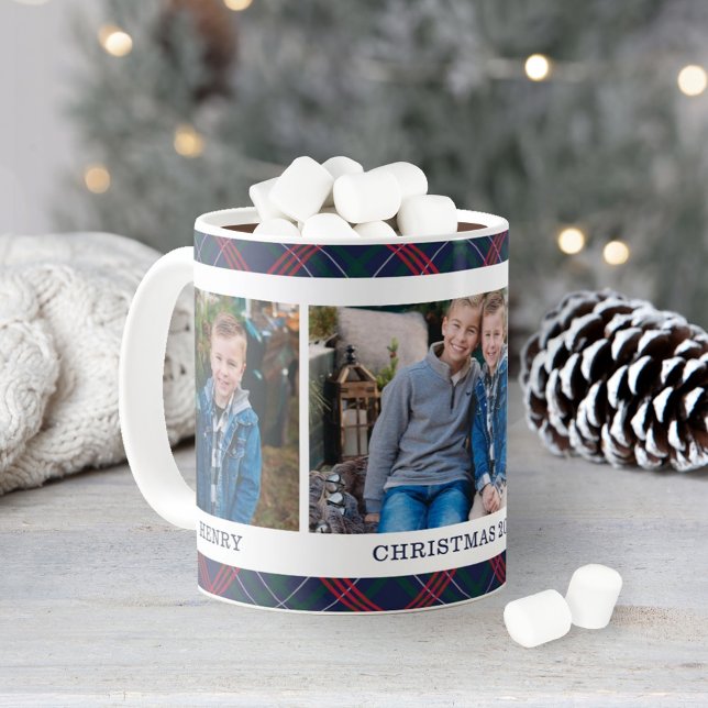 Navy Tartan Plaid Christmas Photo Name Coffee Mug (Creator Uploaded)