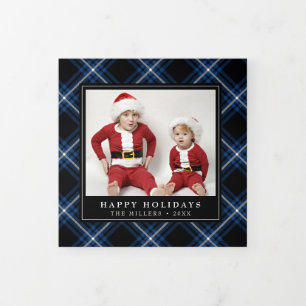 Navy Tartan Plaid Christmas Trifold Photo Card