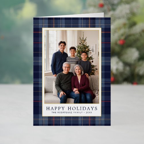 Navy Tartan Plaid Frame Happy Holidays Photo Foil Holiday Card